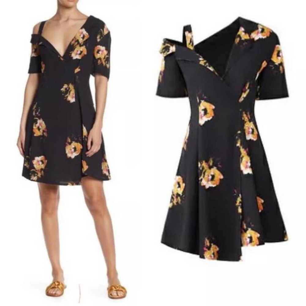 A.L.C. Lucia Dress Black Floral Silk Dress Asymmetrical Faux Wrap Mini Dress 2